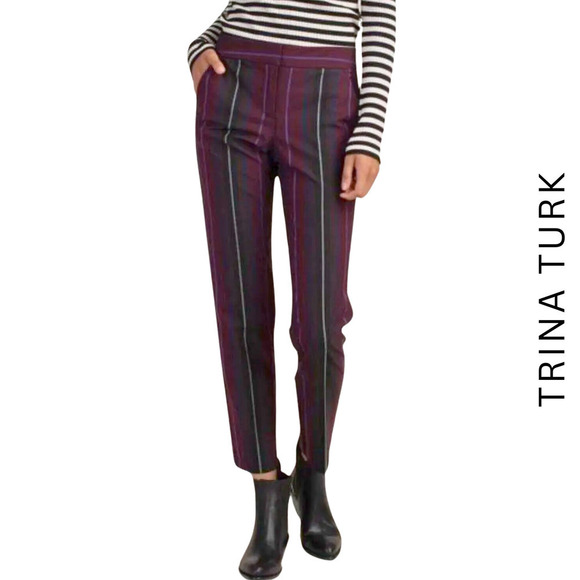 Trina Turk NWT Larkin Ankle Cropped Mid-Rise Pant Striped Multi Size 0 - Picture 1 of 8